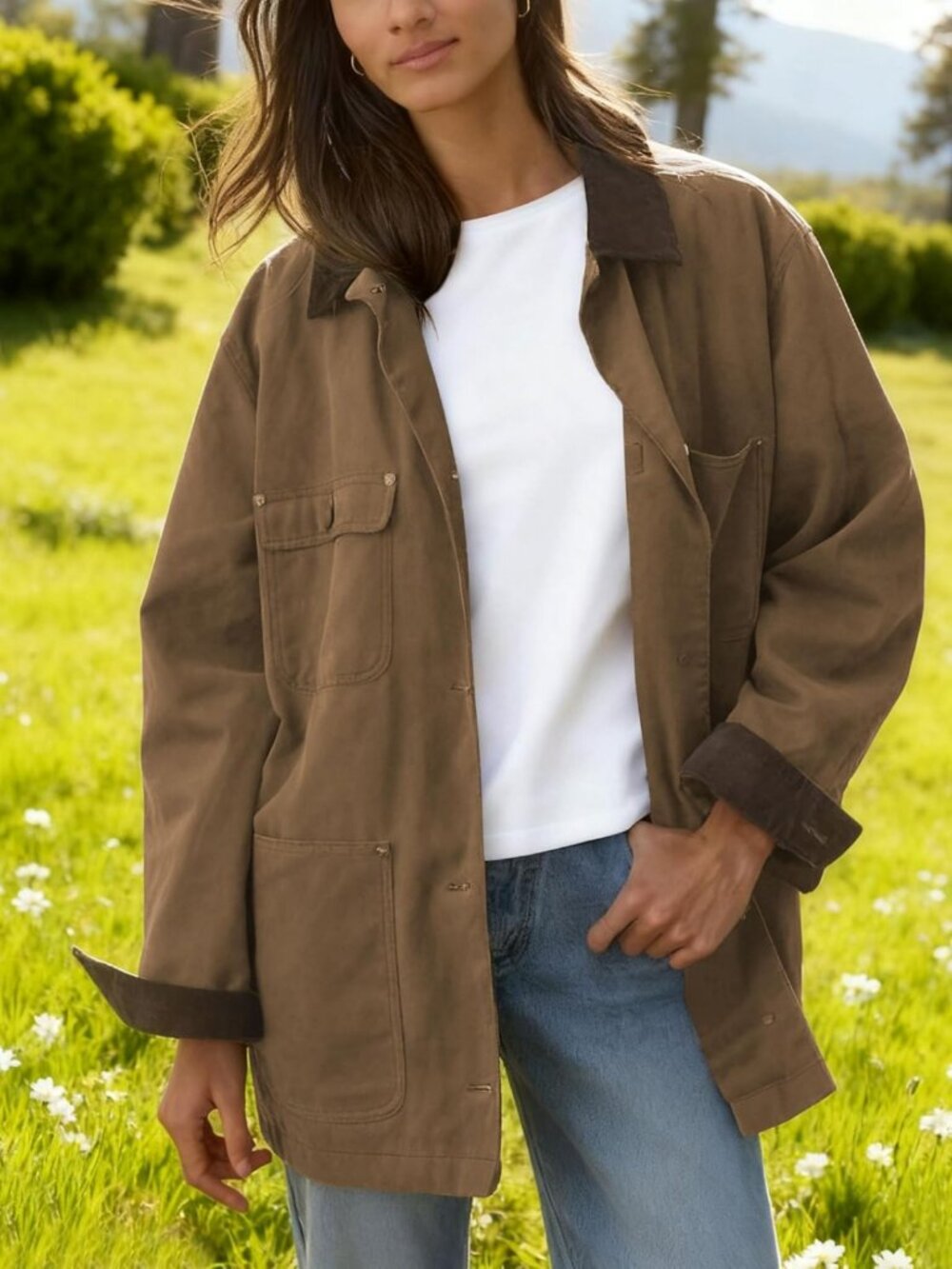 Oversized Vintage Utility Barn Jacket with Corduroy Collar for Women - Picture 4 of 9